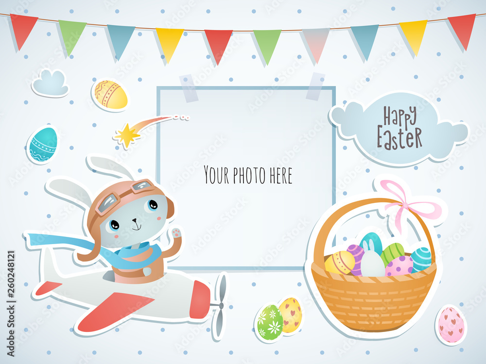Holiday card design with place for your photo. Easter card. Egg hunt. 