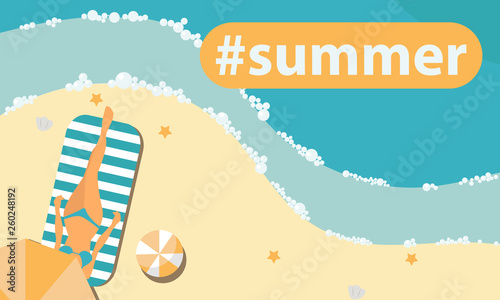 Woman sunbathing on the beach and relaxing under umbrella hashtag summer
