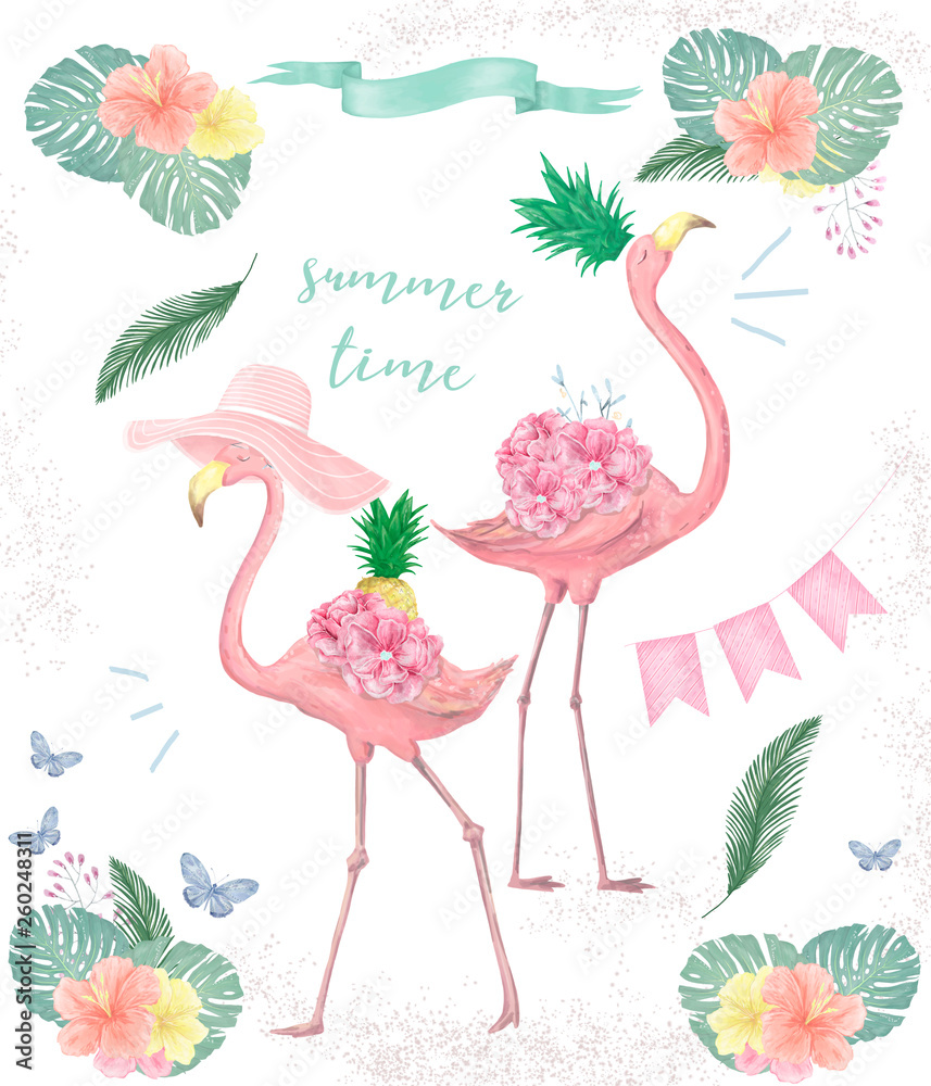 Couple pink flamingos. Watercolor cute two pink flamingo. Tropical print for invitation, birthday, celebration, greeting card. Summer illustration. Trend colors. Bird clip art Couple pink flamingos. Watercolor cute two pink flamingo. Tropical print for invitation, birthday, celebration, greeting card. Summer illustration. Trend colors. Bird clip art