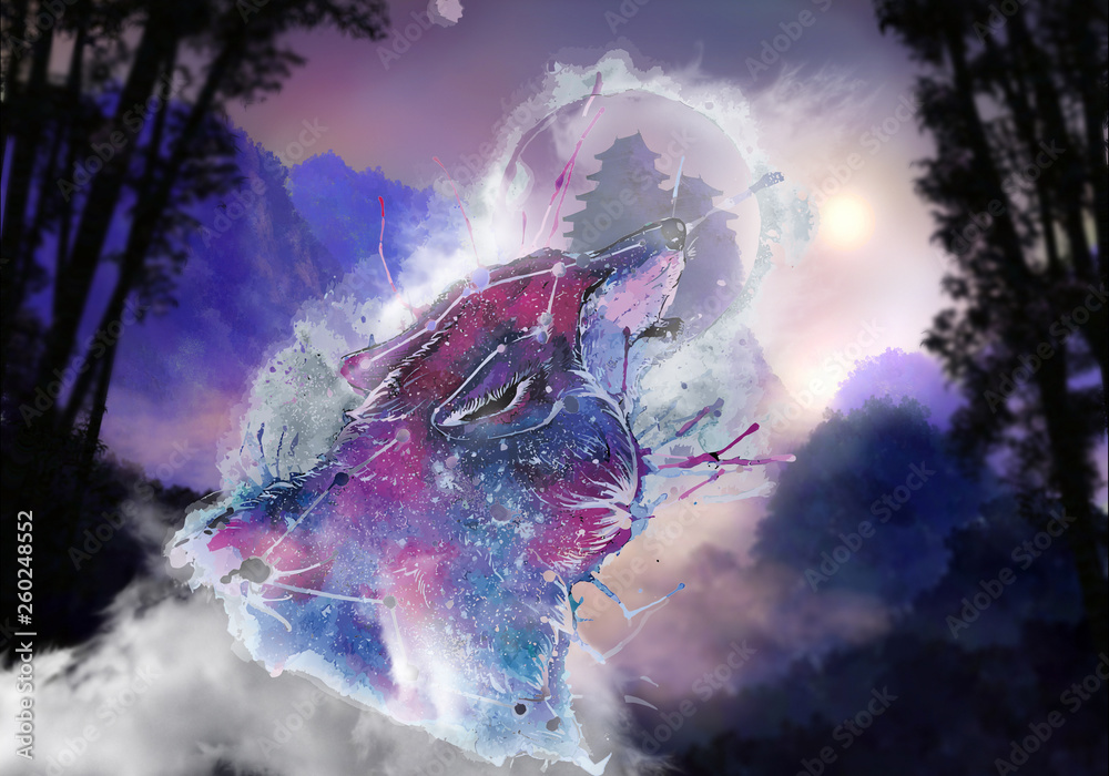 Abstract artistic cloudy watercolor illustration of a unique colorful wolf in a drawn natural background