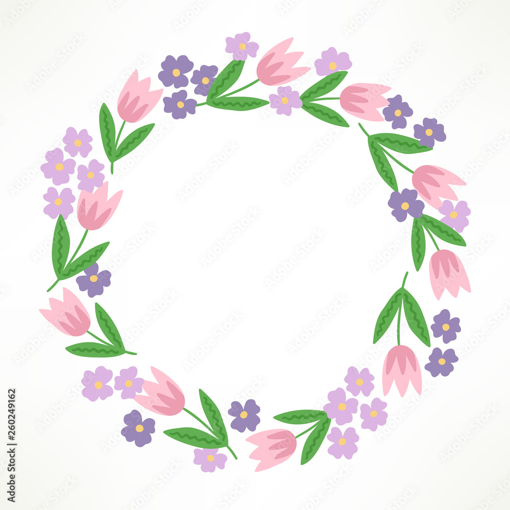 Floral wreath with tulips and violet flowers