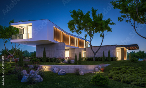 3d rendering of modern cozy house on the hill with garage and pool for sale or rent with beautiful landscaping on background. Clear summer night with many stars on the sky. © korisbo