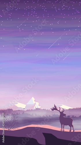 Evening landscape  pine forest in fog  deer and snowy mountains  starry sky with falling stars. Vector illustration