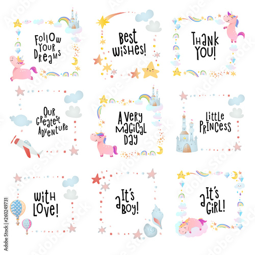 Set of cartoon frames. Nursery design. 