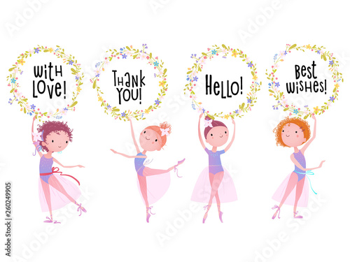 Set of ballet dancers holding floral wreaths with texts.