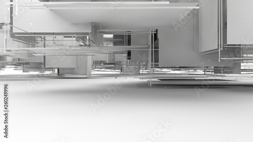 3D rendering of an abstract background of a set of geometric elements of regular shape, randomly distributed in space by a white surface. 3D abstraction isolated on white background.