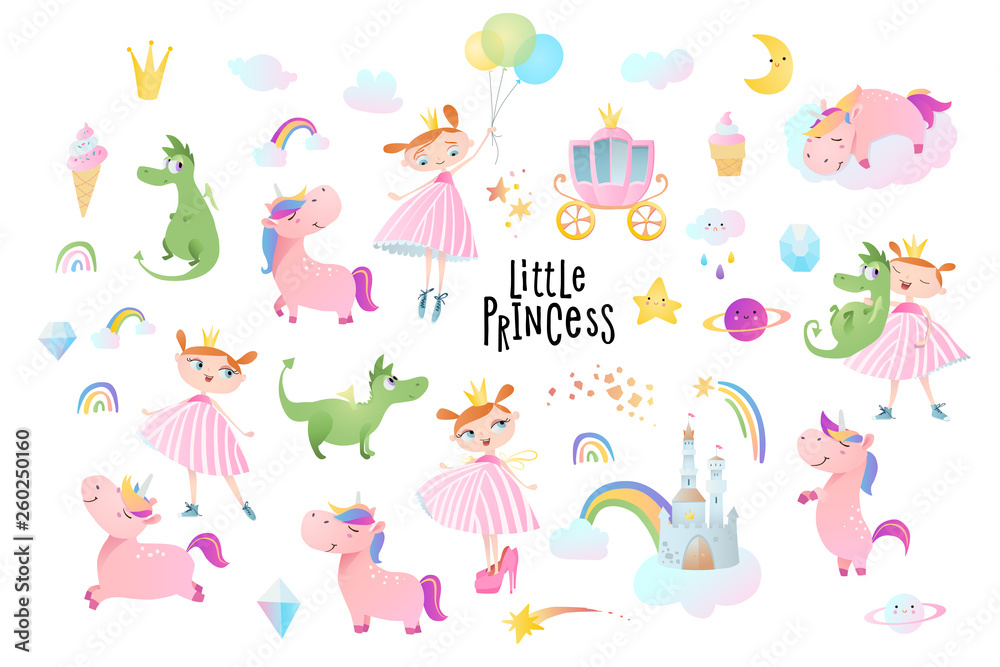 Princesses, dragons and unicorns. Vector collection.