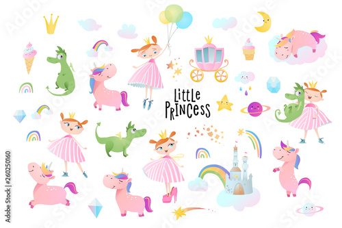 Princesses, dragons and unicorns. Vector collection.
