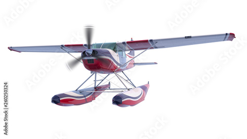 Retro seaplane illustration. 3D render. Propeller is rotating and blurred