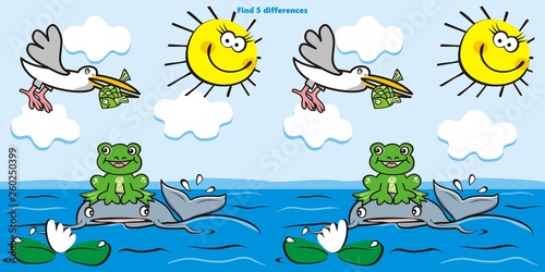 Board game, find five differenes, group of animals on the lake