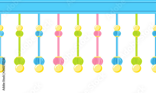 Vector seamless border pattern, bright celebrating design. Horizontal endless ribbon with bundle tassels design. Elements for greeting cards, kids room decoration. Vivid blue, pink, yellow, green