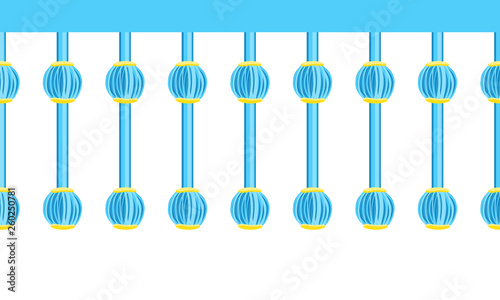 Vector seamless border pattern. Horizontal bundle tassels from yarn or tread with golden beads. Shades of bright blue color, perfect for boys design, kids room, greeting cards, celebrating design