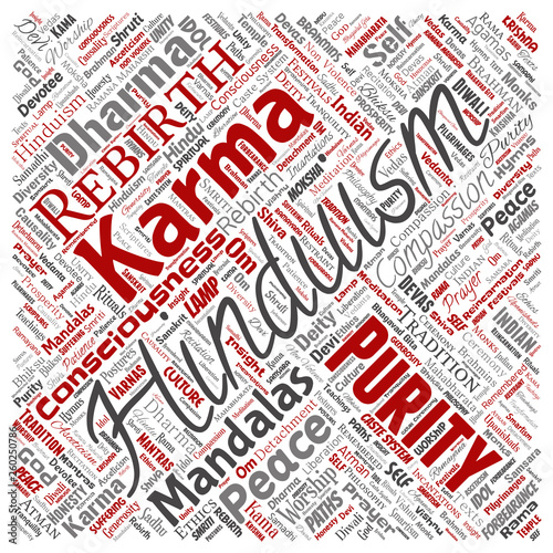 Vector conceptual hinduism, shiva, rama, yoga square red word cloud isolated background. Collage of mandalas, samsara, celebration, tradition, peace, compassion, rebirth, karma, dharma concept