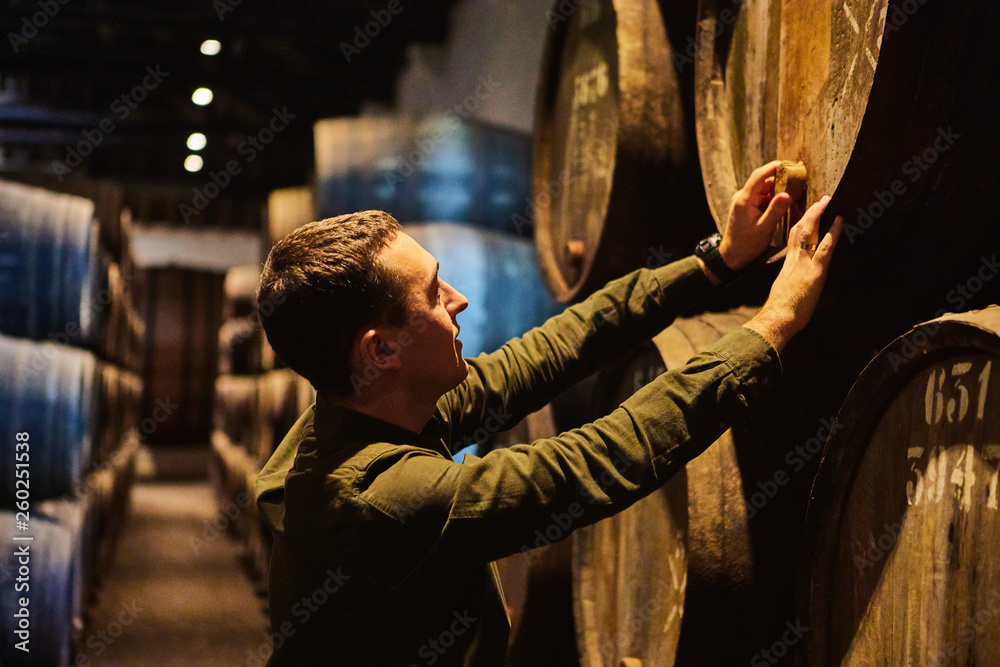 Professional winemaker male in old aged traditional wooden barrels with wine in a vault lined up in cool and dark cellar in Italy, Porto, Portugal, France Professional winemaker male in old aged traditional wooden barrels with wine in a vault lined up in cool and dark cellar in Italy, Porto, Portugal, France