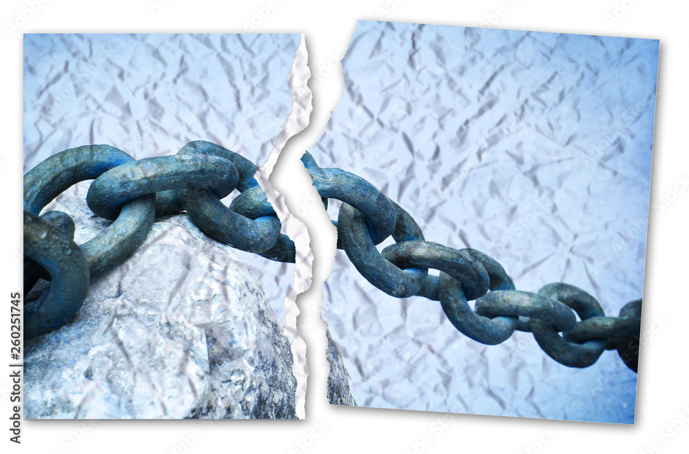 Breaking the chains - concept image with a ripped photo of an old rusty metal chain Breaking the chains - concept image with a ripped photo of an old rusty metal chain