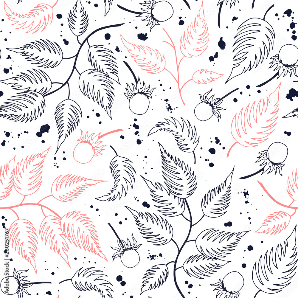 Seamless pattern with hand-drawn branches, leaves and berries. Vector illustration. 