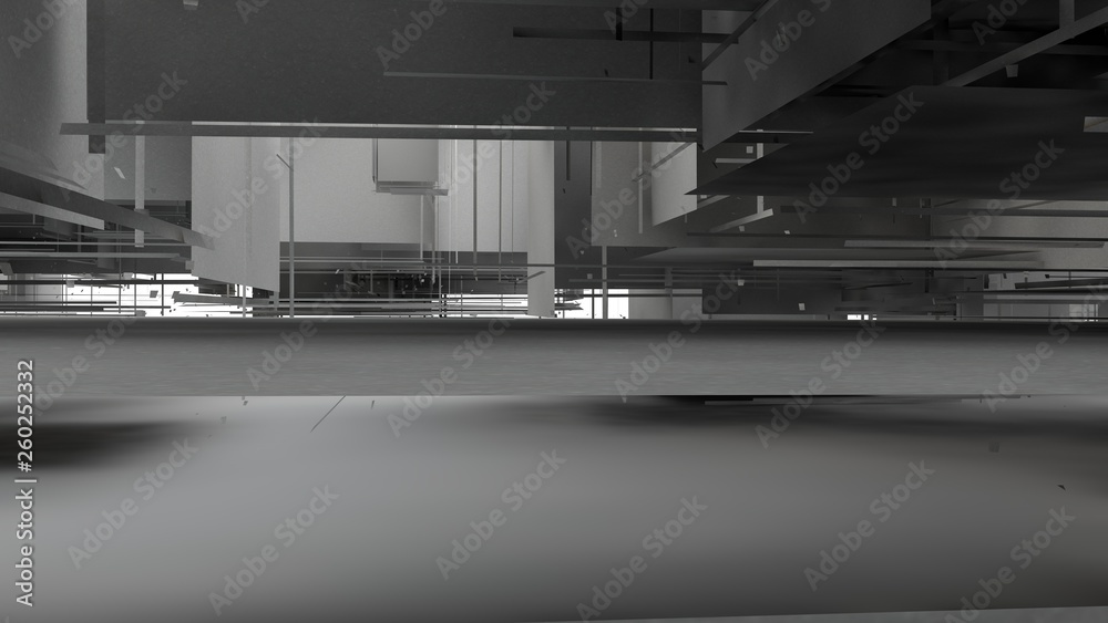 Obraz premium 3D illustration of a set of geometric objects of white color, fragments of broken cubes, forming a cloud of elements of regular shape in space. 3D rendering of abstract background.