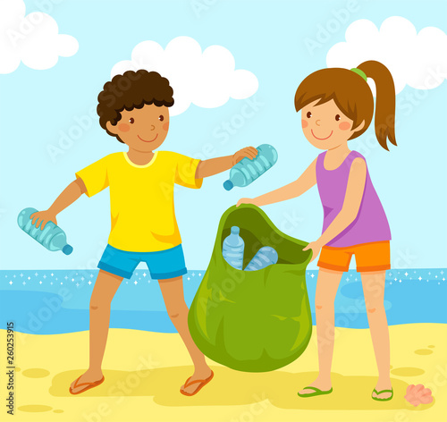 Kids cleaning up the beach from polluting plastic bottles.