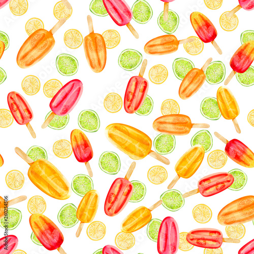 Watercolor bright red, yellow and orange popsicle seamless pattern on citrus