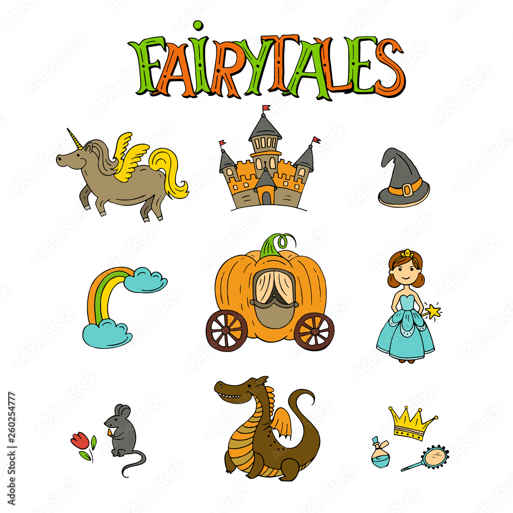 Fototapeta premium Fairy tales hand drawn icon set vector