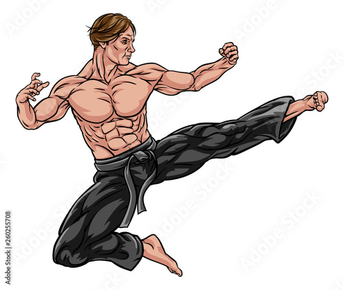 A karate or kung fu martial artist delivering a flying kick wearing gi trousers and blackbelt