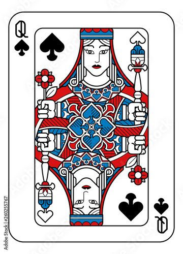 A playing card Queen of Spades in red, blue and black from a new modern original complete full deck design. Standard poker size.