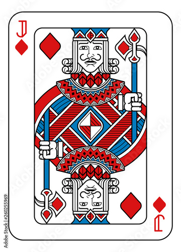 A playing card Jack of Diamonds in red, blue and black from a new modern original complete full deck design. Standard poker size.
