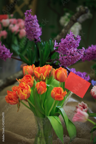 Multi-colored tulips in the window of a flower shop.