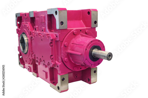 front view of large industrial gearbox isolated on white background