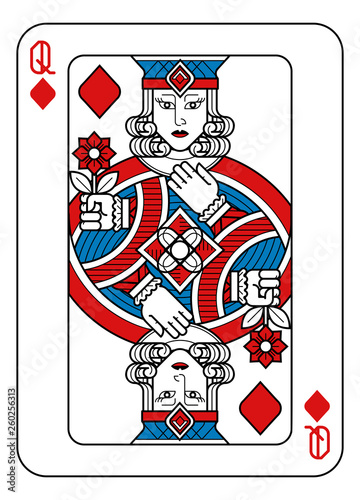 A playing card Queen of Diamonds in red, blue and black from a new modern original complete full deck design. Standard poker size.