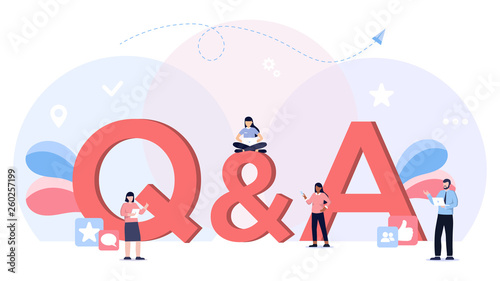 Q&A, vector ilustration concept, people asking to online support center via smartphone and laptop, can use for, landing page, template, ui, app, banner