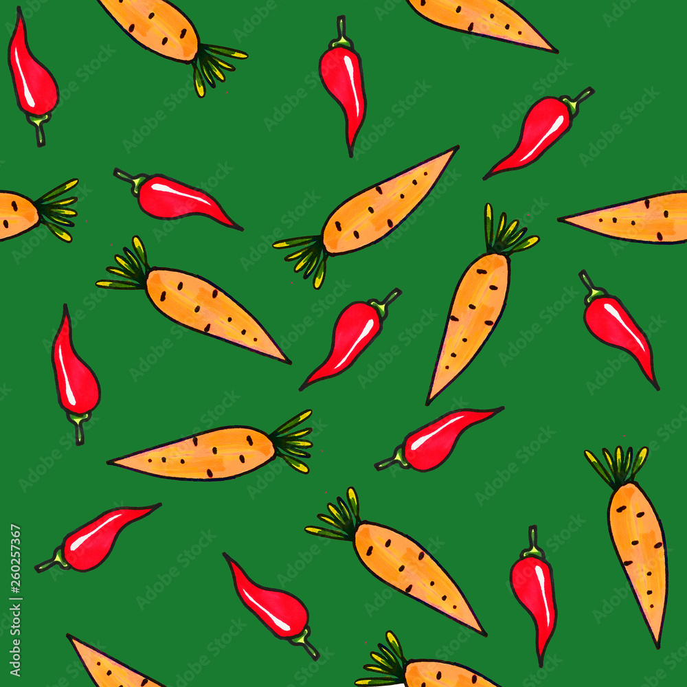 Seamless vegetable pattern. Abstract hand drawn pattern. Print for fabrics and other surfaces. Carrots and red chili peppers.