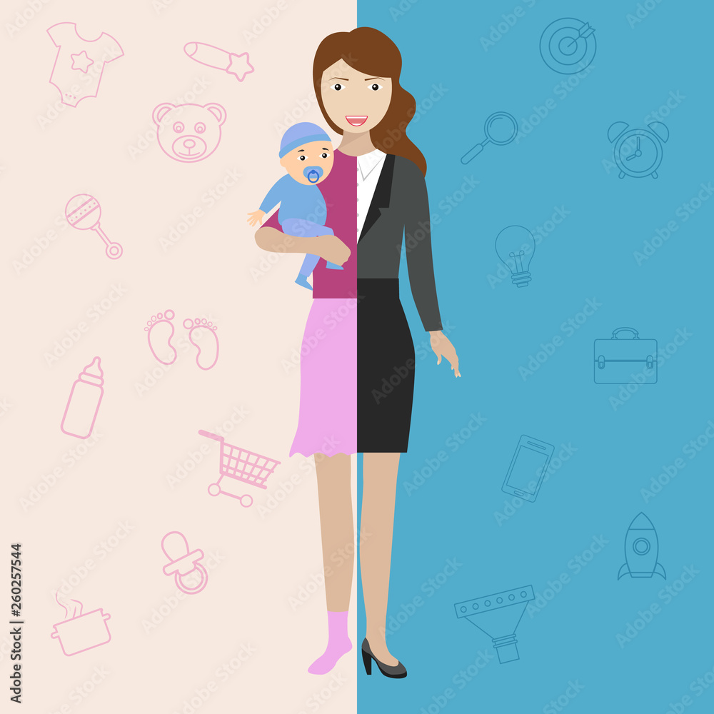 Businesswoman and mother, career and motherhood divided. Businesswoman and mother, career and motherhood divided.