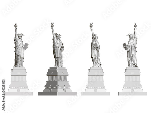 Set with a statue of liberty. Front, side and rear view. Polygonal Statue of Liberty isolated on a white background. 3D. Vector illustration
