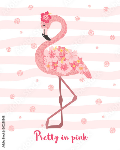 Hand drawn cute pink flamingo with flowers.