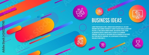 Header banner. Remove purchase, Job interview and Washing machine icons simple set. Tea cup, Monitor repair and Winner podium signs. Delete from cart, Cv file. Business set. Line remove purchase icon