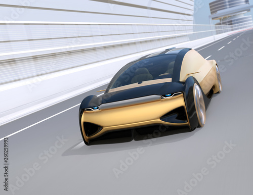 Autonomous electric car moving fast on the highway. 3D rendering image.
