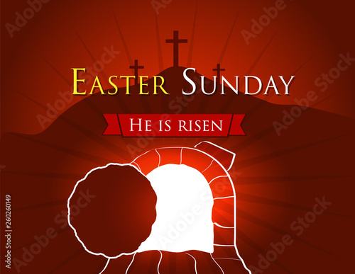 Hi is risen holy week easter banner. Easter christian motive, vector invitation to an Easter Sunday service with text He is risen on a background of rolled away from the tomb stone of Calvary