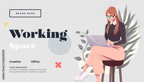 Working space Landing page template. Young female freelancer is sitting in modern hipster cafe with laptopn. Vector illustration photo