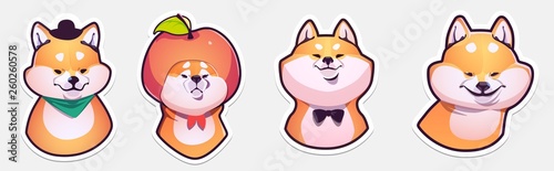 Sticker Collection of Emoji Cartoon Dog Emoticons. Shiba inu. Vector Illustrations