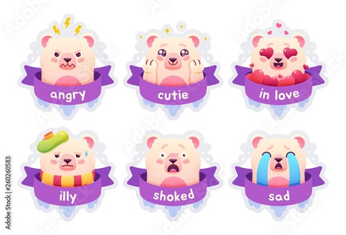 Cute little polar bear set of emoticons badges, patches, stickers. Funny animals. Vector illustration