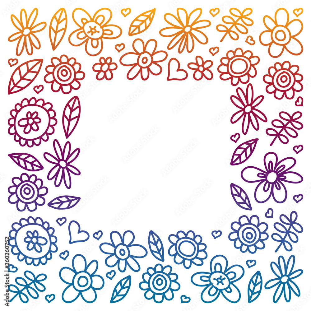 Vector set of child drawing flowers icons in doodle style. Painted, colorful, gradient, on a sheet of checkered paper on a white background.