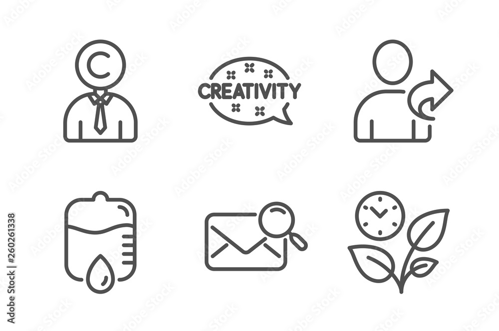 Creativity, Drop counter and Search mail icons simple set. Copyrighter, Refer friend and Leaves signs. Inspiration, Medical equipment. Business set. Line creativity icon. Editable stroke. Vector Creativity, Drop counter and Search mail icons simple set. Copyrighter, Refer friend and Leaves signs. Inspiration, Medical equipment. Business set. Line creativity icon. Editable stroke. Vector