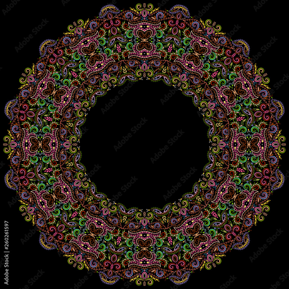 Beautiful ethnic round pattern with traditional elements. Ornamental geometric colored painting on the plate. Vector print. Beautiful ethnic round pattern with traditional elements. Ornamental geometric colored painting on the plate. Vector print.