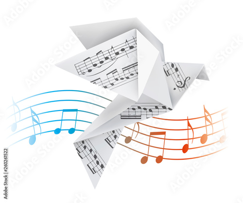 Origami pigeon with musical notes. Stylized illustration of paper dove on wave with musical notes. Vector available.