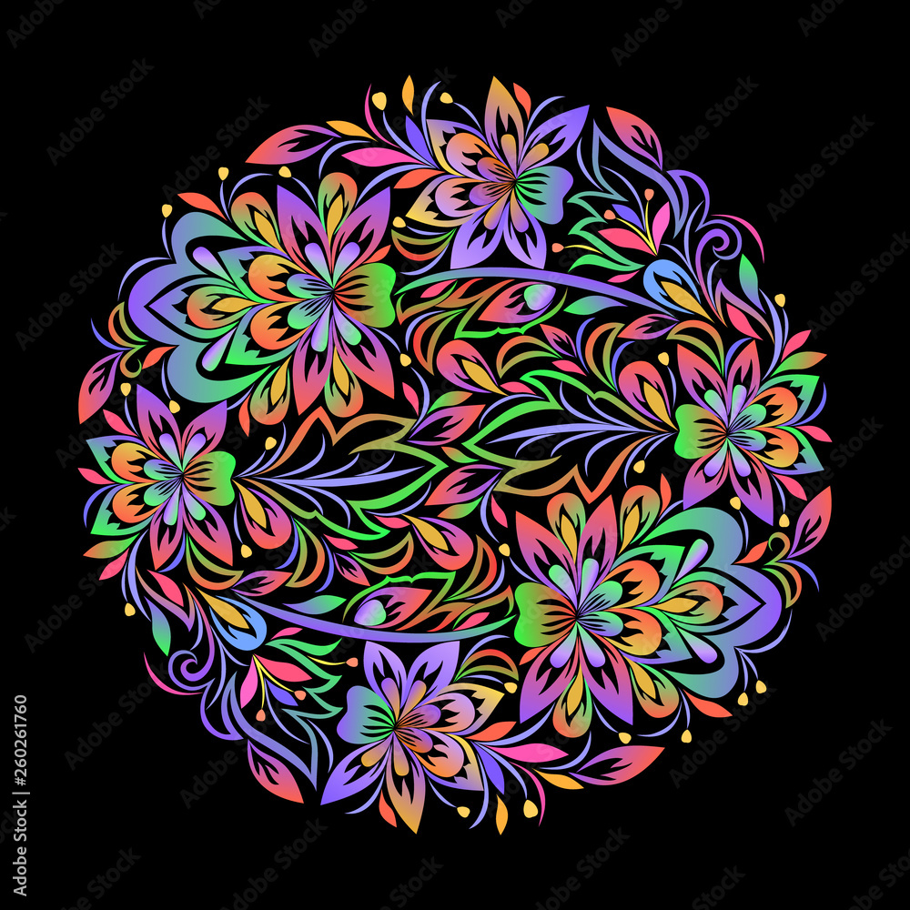 Fototapeta premium Colorful bohemian round pattern with leaves and flowers. Traditional ethnic ornament. Vector print.