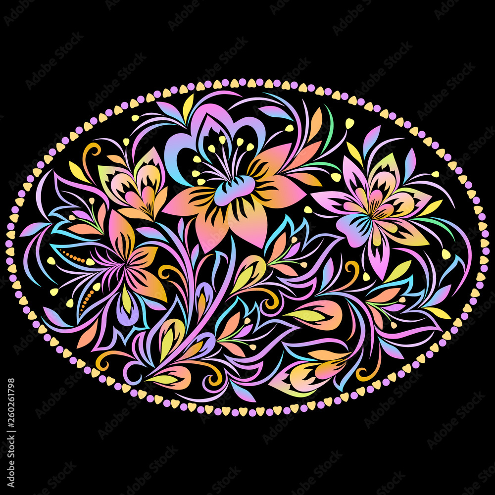 Colorful classic oval pattern with leaves and flowers. Traditional ethnic ornament. Vector print. Colorful classic oval pattern with leaves and flowers. Traditional ethnic ornament. Vector print.