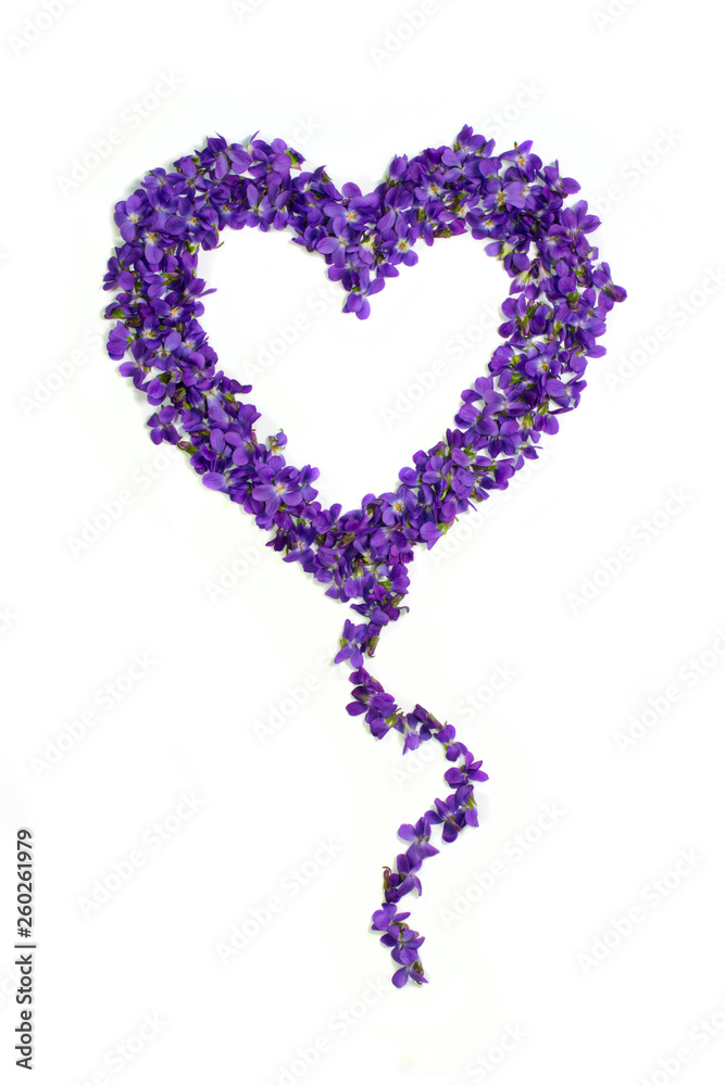 Heart shape balloon flowers. Violets love symbol isolated on white background. Template for greeting card, web design Heart shape balloon flowers. Violets love symbol isolated on white background. Template for greeting card, web design