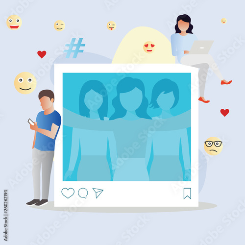 Self photo concept illustration of young woman taking photo and posting in social networks. Flat people sitting on big picture and leaving comments and likes for her post