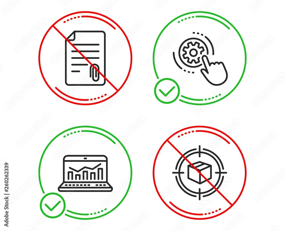 Do or Stop. Cogwheel settings, Attachment and Web analytics icons simple set. Parcel tracking sign. Engineering tool, Attach file, Statistics. Box in target. Business set. Vector Do or Stop. Cogwheel settings, Attachment and Web analytics icons simple set. Parcel tracking sign. Engineering tool, Attach file, Statistics. Box in target. Business set. Vector